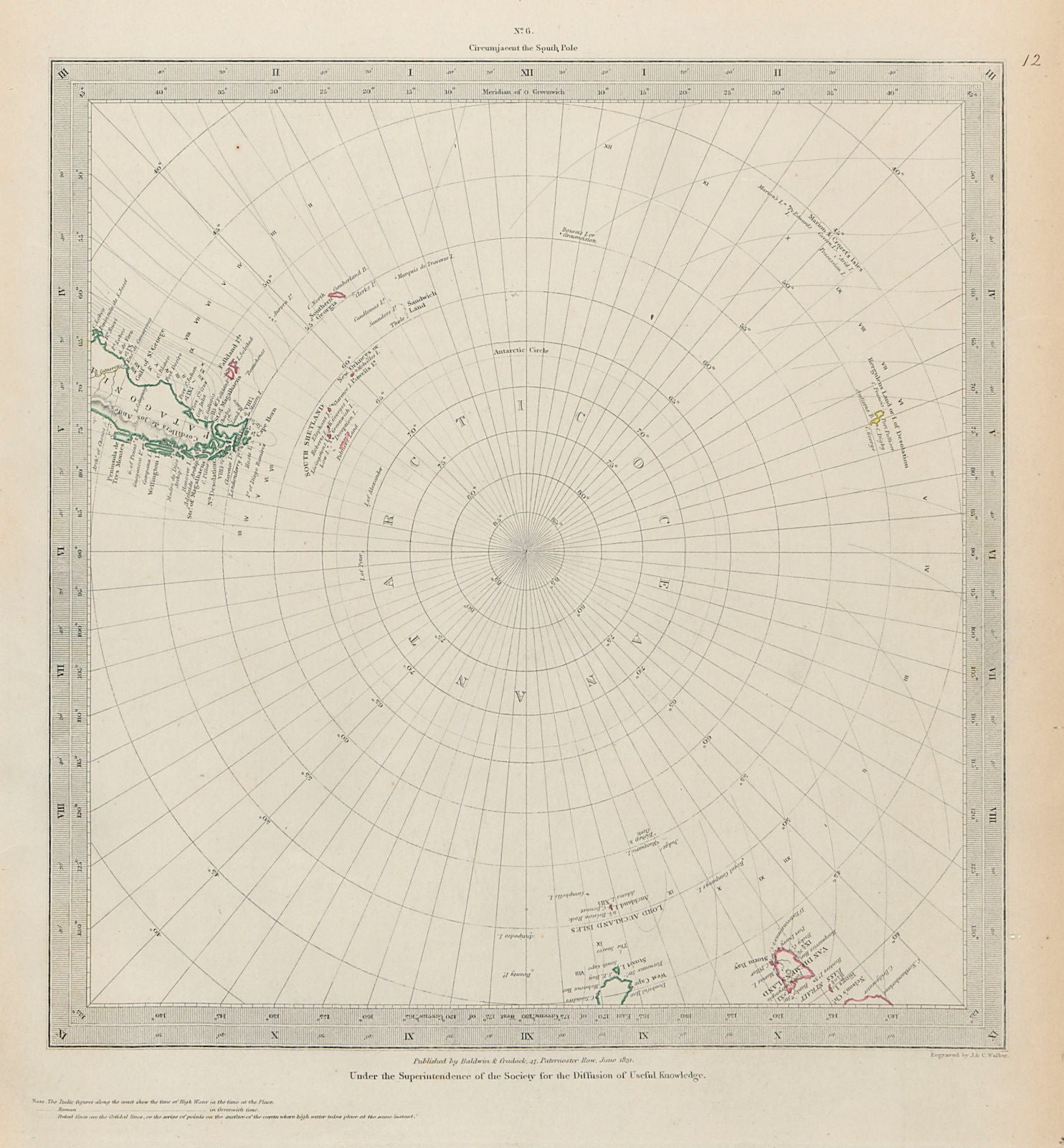 SOUTHERN LATITUDES POLE ANTARCTIC Patagonia Tasmania SDUK 1844 old antique map